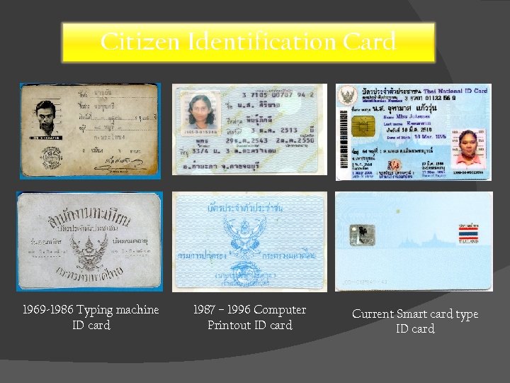 Citizen Identification Card 1969 -1986 Typing machine ID card 1987 – 1996 Computer Printout
