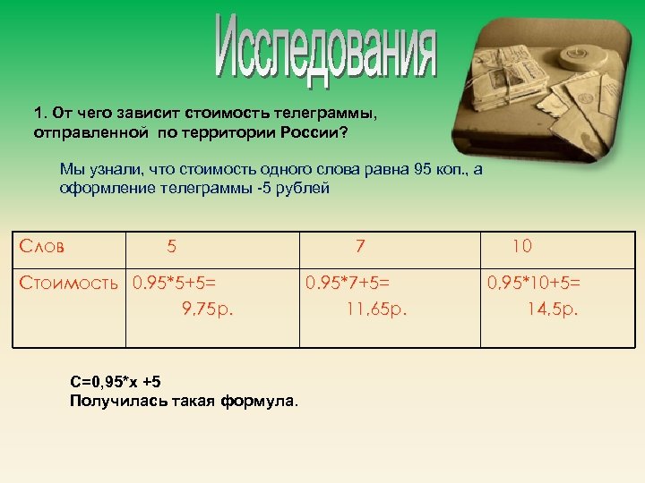 1. От чего зависит стоимость телеграммы, отправленной по территории России? Мы узнали, что стоимость