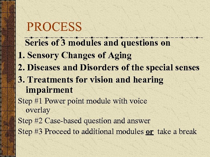 PROCESS Series of 3 modules and questions on 1. Sensory Changes of Aging 2.
