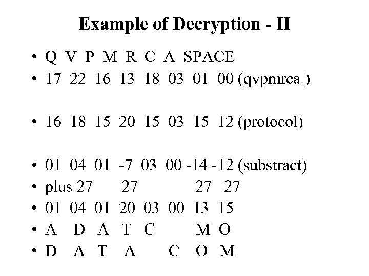 Example of Decryption - II • Q V P M R C A SPACE