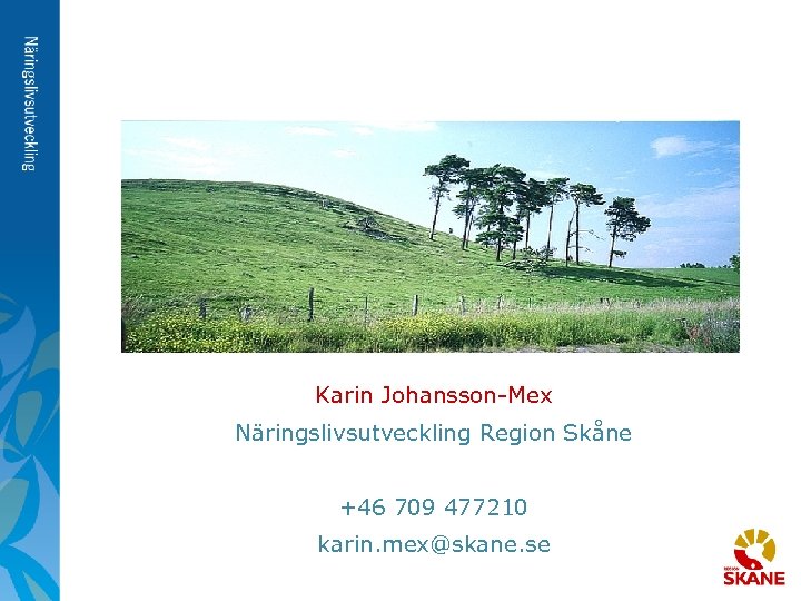 Karin Johansson-Mex Näringslivsutveckling Region Skåne +46 709 477210 karin. mex@skane. se 