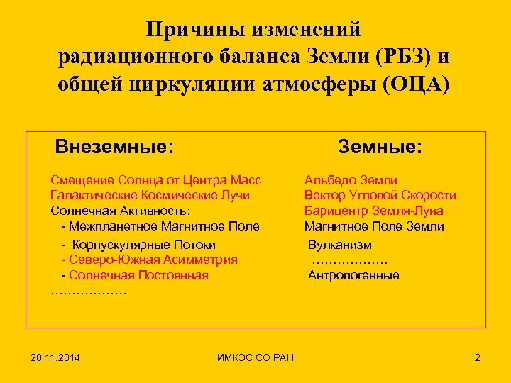 Причины изменений радиационного баланса Земли (РБЗ) и общей циркуляции атмосферы (ОЦА) Внеземные: Земные: Смещение