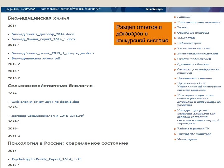 Раздел отчетов и договоров в конкурсной системе 
