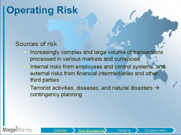Operating Risk Sources of risk • Increasingly complex and large volume of transactions processed