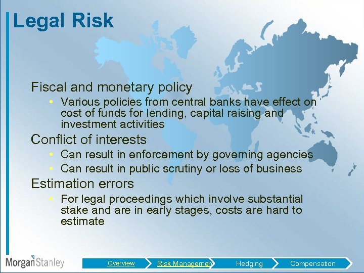 Legal Risk Fiscal and monetary policy • Various policies from central banks have effect