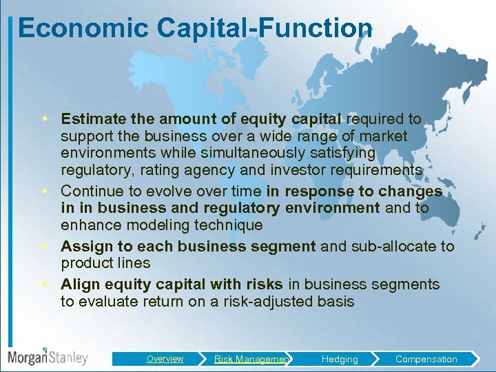 Economic Capital-Function • Estimate the amount of equity capital required to support the business