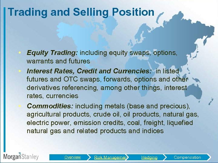 Trading and Selling Position • Equity Trading: including equity swaps, options, warrants and futures