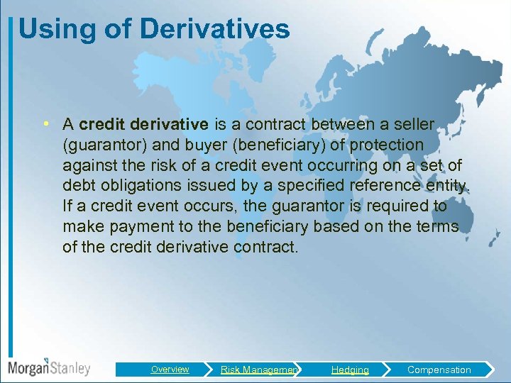 Using of Derivatives • A credit derivative is a contract between a seller (guarantor)