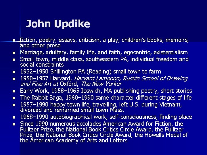 John Updike n n n n n fiction, poetry, essays, criticism, a play, children's