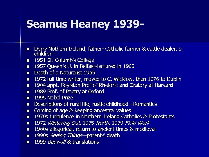 Seamus Heaney 1939 n n n n Derry Nothern Ireland, father- Catholic farmer &