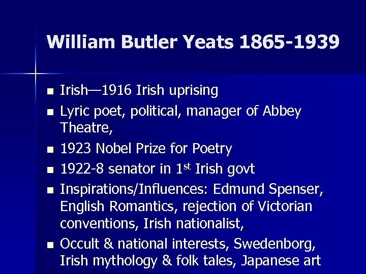 William Butler Yeats 1865 -1939 n n n Irish— 1916 Irish uprising Lyric poet,