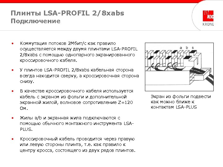 Плинты LSA-PROFIL 2/8 xabs Подключение • Коммутация потоков 2 Мбит/с как правило осуществляется между