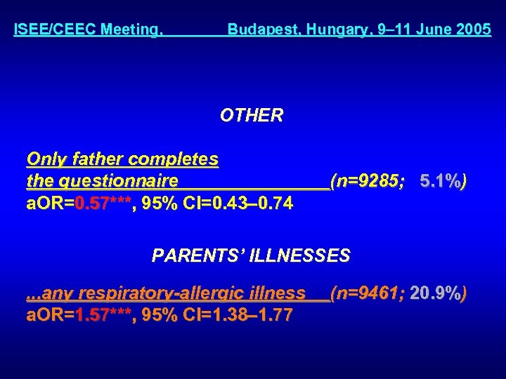 ISEE/CEEC Meeting, Budapest, Hungary, 9– 11 June 2005 OTHER Only father completes the questionnaire