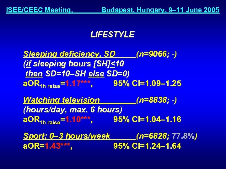 ISEE/CEEC Meeting, Budapest, Hungary, 9– 11 June 2005 LIFESTYLE Sleeping deficiency, SD (n=9066; -)