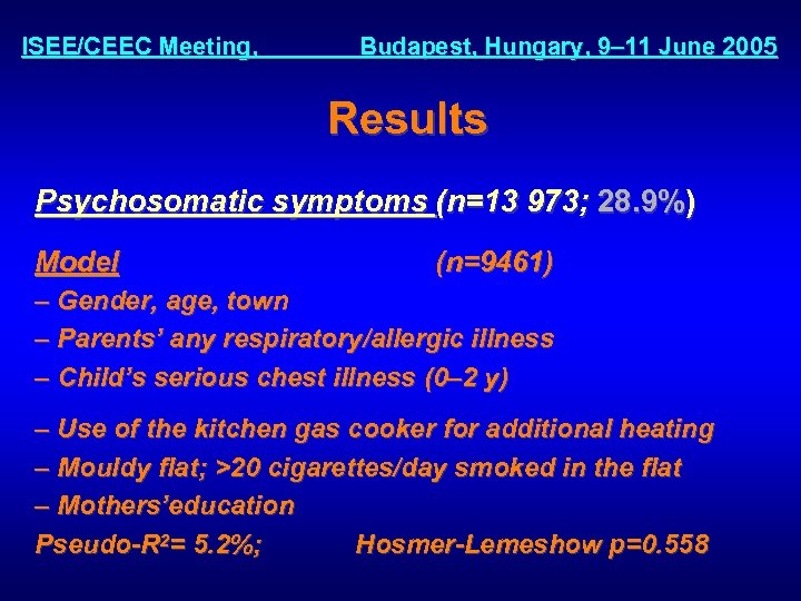 ISEE/CEEC Meeting, Budapest, Hungary, 9– 11 June 2005 Results Psychosomatic symptoms (n=13 973; 28.