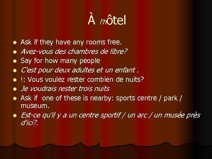 À l'hôtel l Ask if they have any rooms free. l Avez-vous des chambres