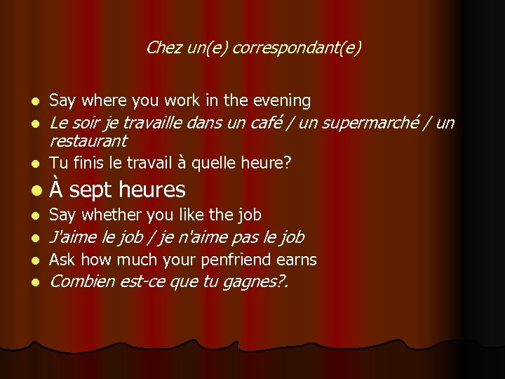 Chez un(e) correspondant(e) l Say where you work in the evening l Le soir