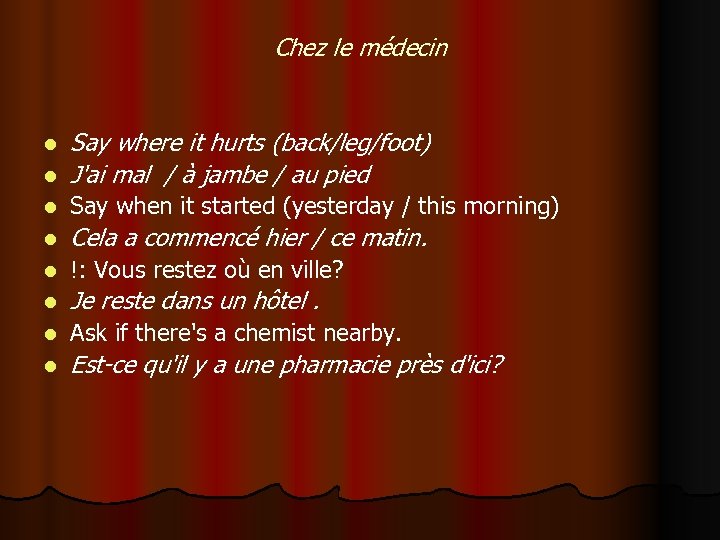 Chez le médecin l Say where it hurts (back/leg/foot) J'ai mal / à jambe