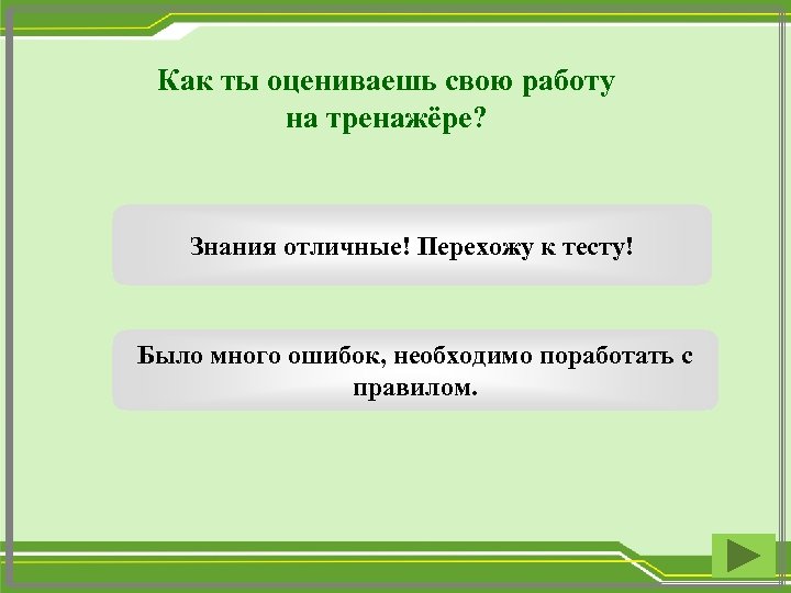 Как ты оцениваешь свою работу на тренажёре? Знания отличные! Перехожу к тесту! Было много