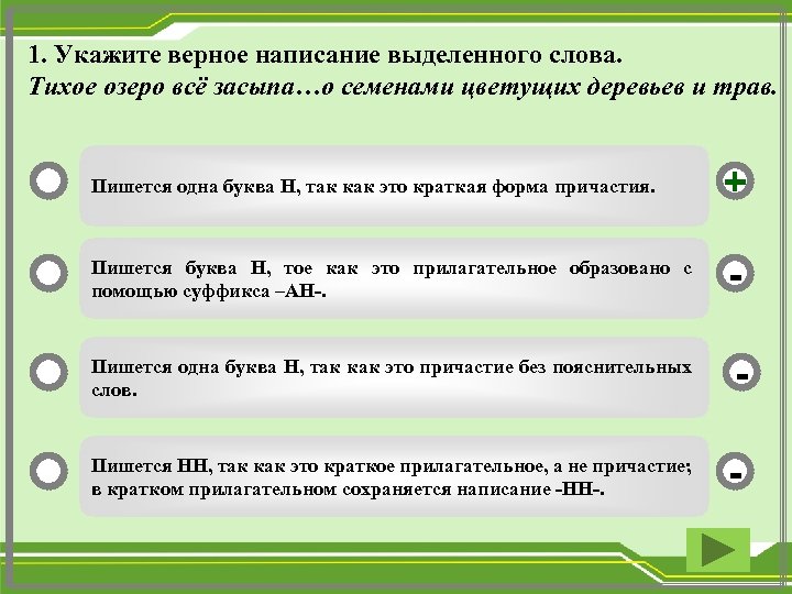 1. Укажите верное написание выделенного слова. Тихое озеро всё засыпа…о семенами цветущих деревьев и