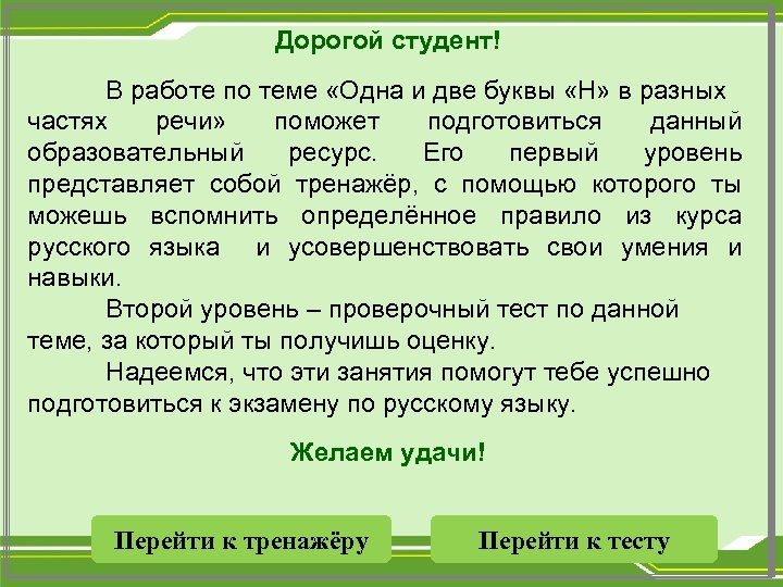 Дорогой студент! В работе по теме «Одна и две буквы «Н» в разных частях
