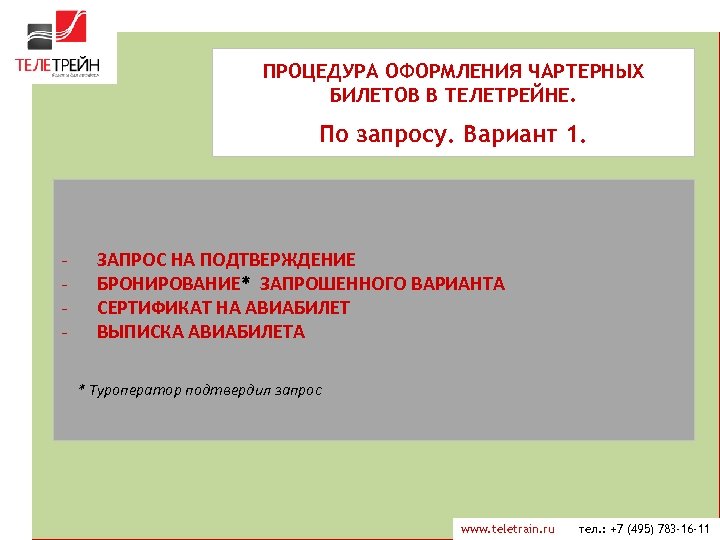 ПРОЦЕДУРА ОФОРМЛЕНИЯ ЧАРТЕРНЫХ БИЛЕТОВ В ТЕЛЕТРЕЙНЕ. По запросу. Вариант 1. - ЗАПРОС НА ПОДТВЕРЖДЕНИЕ