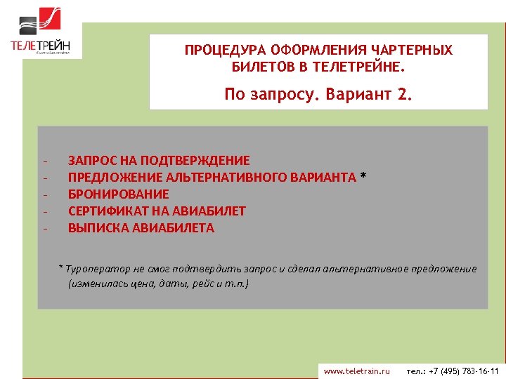 ПРОЦЕДУРА ОФОРМЛЕНИЯ ЧАРТЕРНЫХ БИЛЕТОВ В ТЕЛЕТРЕЙНЕ. По запросу. Вариант 2. - ЗАПРОС НА ПОДТВЕРЖДЕНИЕ