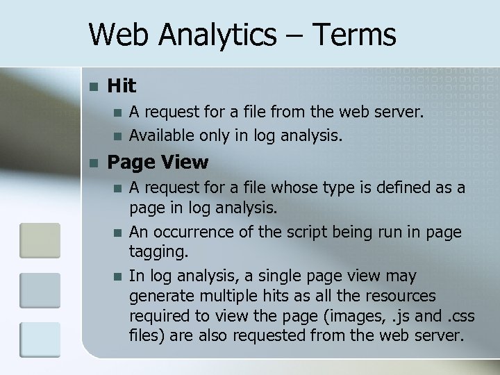 Web Analytics – Terms n Hit n n n A request for a file