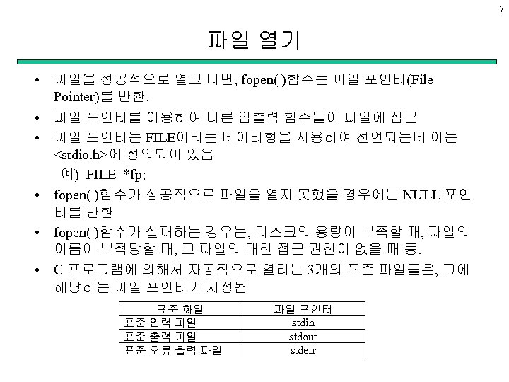 7 파일 열기 • 파일을 성공적으로 열고 나면, fopen( )함수는 파일 포인터(File Pointer)를 반환.