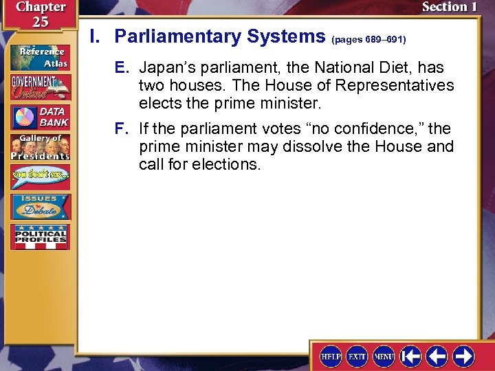 I. Parliamentary Systems (pages 689– 691) E. Japan’s parliament, the National Diet, has two