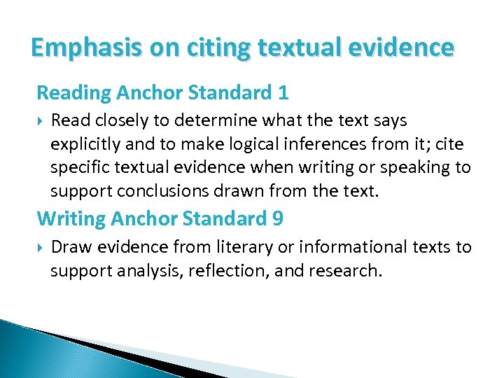 Emphasis on citing textual evidence Reading Anchor Standard 1 Read closely to determine what