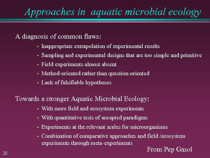 Approaches in aquatic microbial ecology A diagnosis of common flaws: • Inappropriate extrapolation of