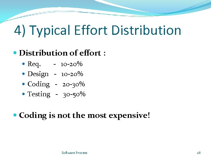 4) Typical Effort Distribution of effort : Req. Design Coding Testing - 10 -20%