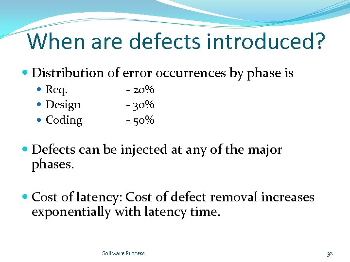 When are defects introduced? Distribution of error occurrences by phase is Req. Design Coding