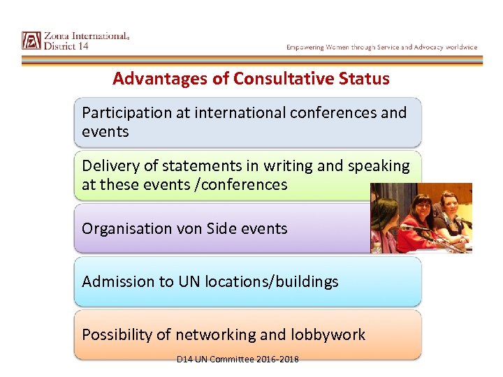 Advantages of Consultative Status Participation at international conferences and events Delivery of statements in