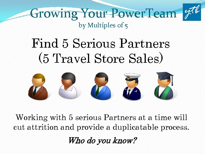 Growing Your Power. Team by Multiples of 5 Find 5 Serious Partners (5 Travel