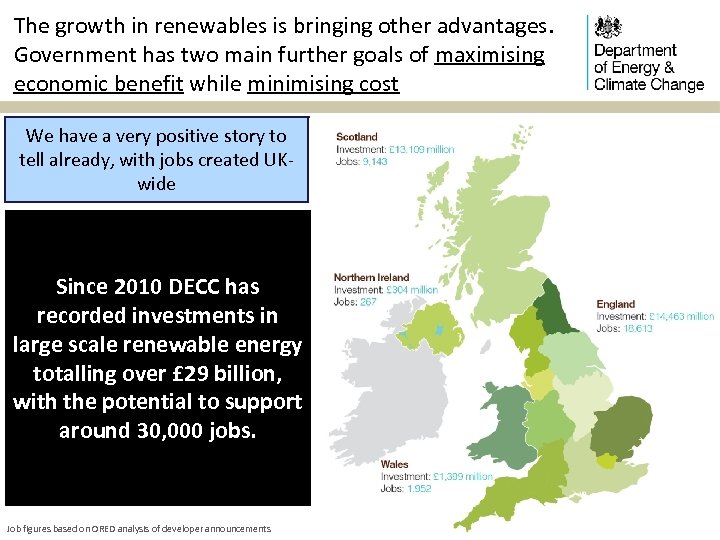 The growth in renewables is bringing other advantages. Government has two main further goals