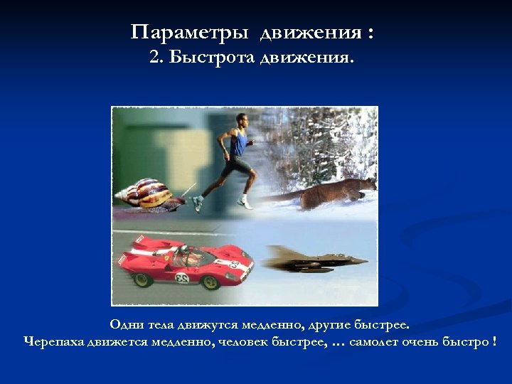 Параметры движения : 2. Быстрота движения. Одни тела движутся медленно, другие быстрее. Черепаха движется