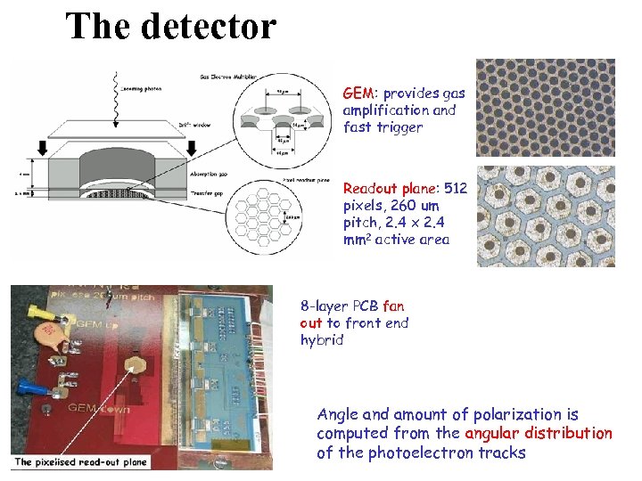 The detector GEM: provides gas amplification and fast trigger Readout plane: 512 pixels, 260
