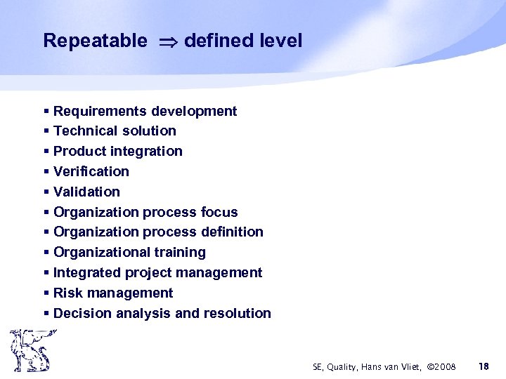 Repeatable defined level § Requirements development § Technical solution § Product integration § Verification