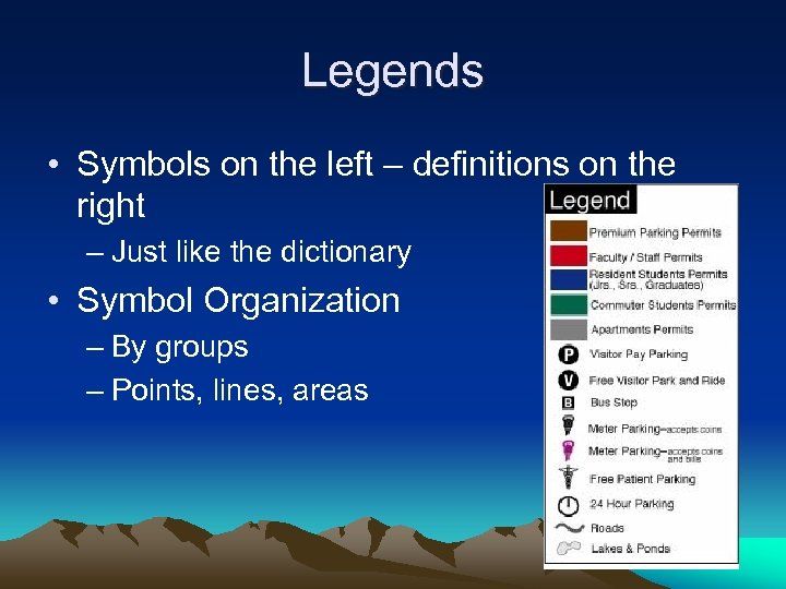 Legends • Symbols on the left – definitions on the right – Just like