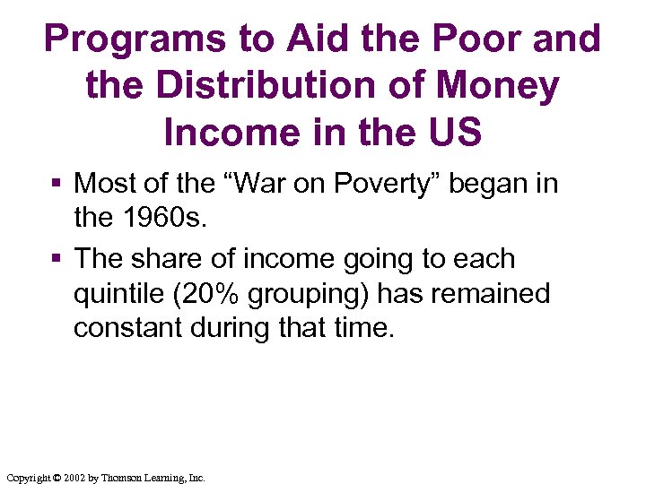 Programs to Aid the Poor and the Distribution of Money Income in the US