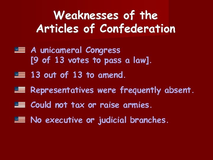 Weaknesses of the Articles of Confederation A unicameral Congress [9 of 13 votes to