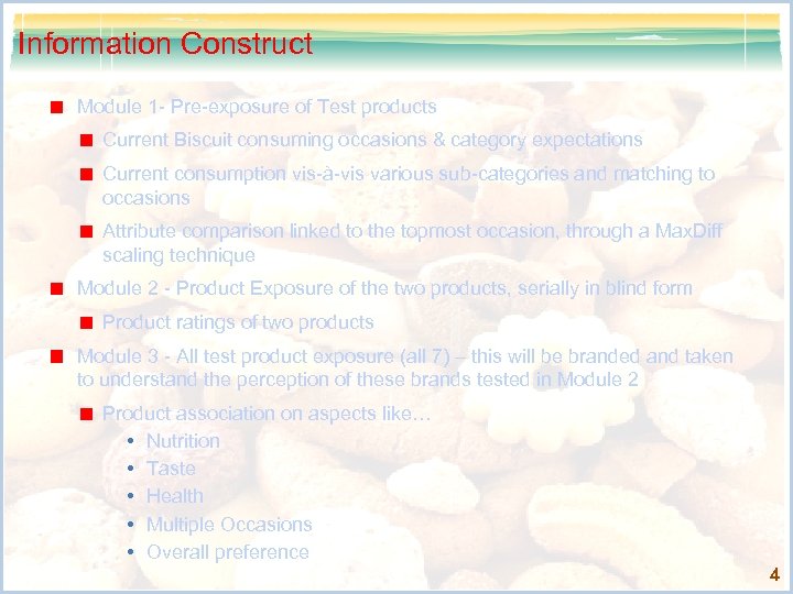 Information Construct Module 1 - Pre-exposure of Test products Current Biscuit consuming occasions &