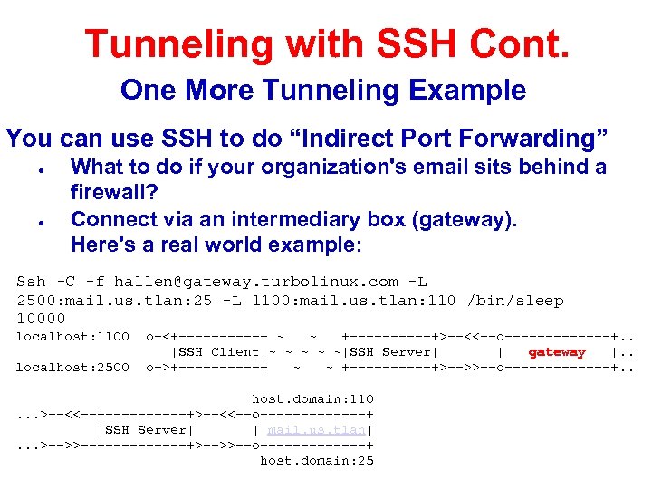 Tunneling with SSH Cont. One More Tunneling Example You can use SSH to do