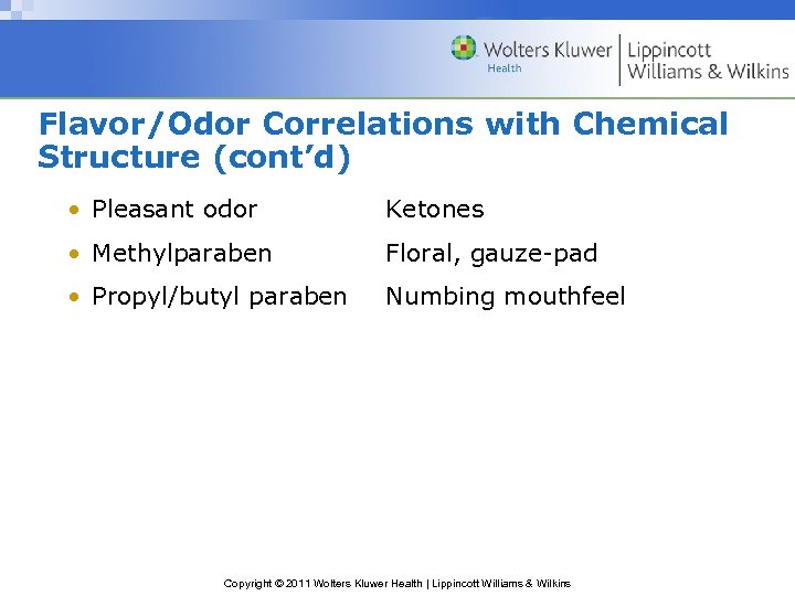 Flavor/Odor Correlations with Chemical Structure (cont’d) • Pleasant odor Ketones • Methylparaben Floral, gauze-pad