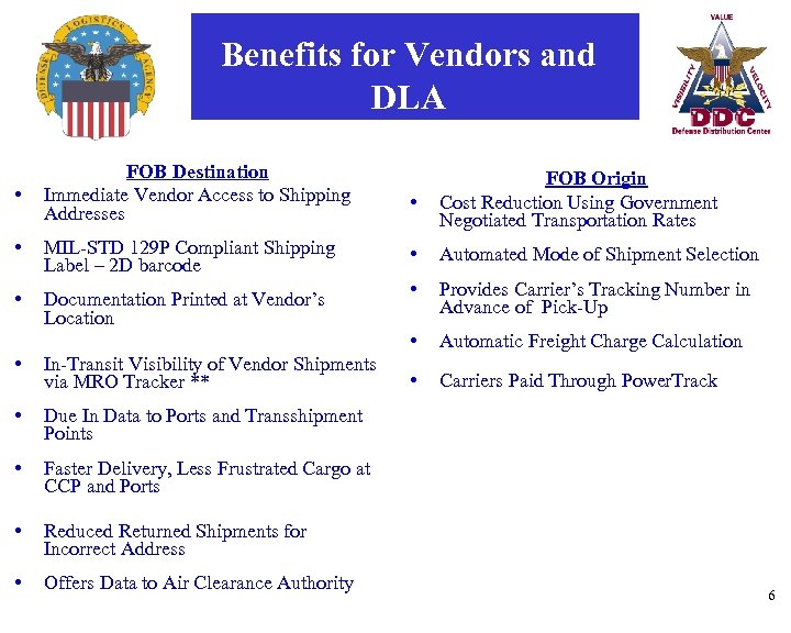 Benefits for Vendors and DLA • FOB Destination Immediate Vendor Access to Shipping Addresses