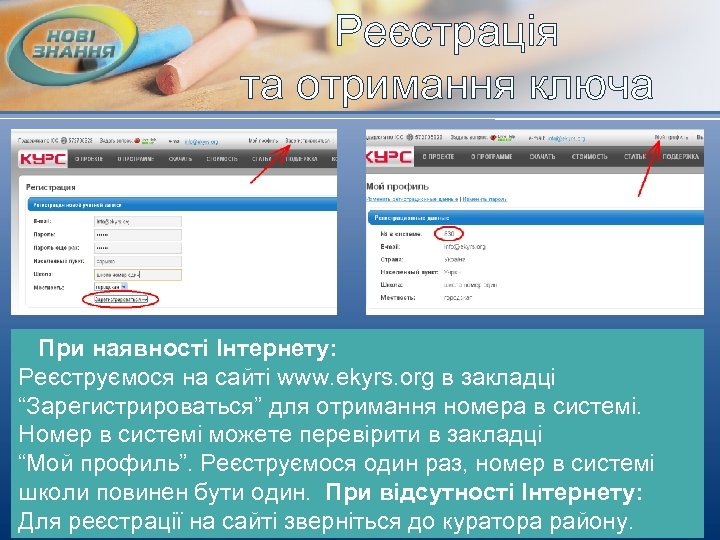 Реєстрація та отримання ключа При наявності Інтернету: Реєструємося на сайті www. ekyrs. org в