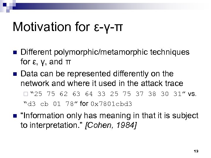 Motivation for ε-γ-π n n Different polymorphic/metamorphic techniques for ε, γ, and π Data